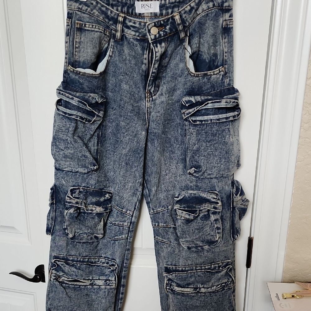 RISE Acid Wash Cargo Jeans - Blue